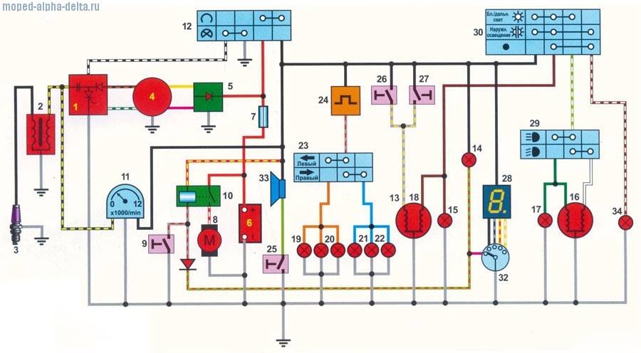 Цветная схема электрических соединений мопеда Альфа