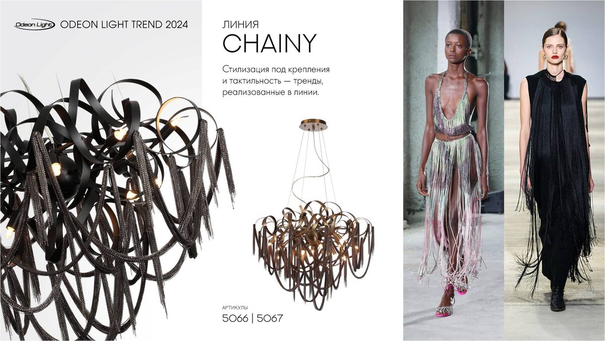 Коллекция Chainy — это люстровая линия в неоклассическом стиле черного цвета. Основу дизайна люстр составляют множество цепочек черно-серебристого цвета, которые образуют элегантные провисы и создают красивую единую композицию
