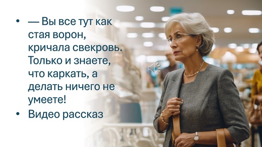 — Вы все тут как стая ворон, кричала свекровь. Только и знаете, что каркать, а делать ничего не умеете!Видео рассказ