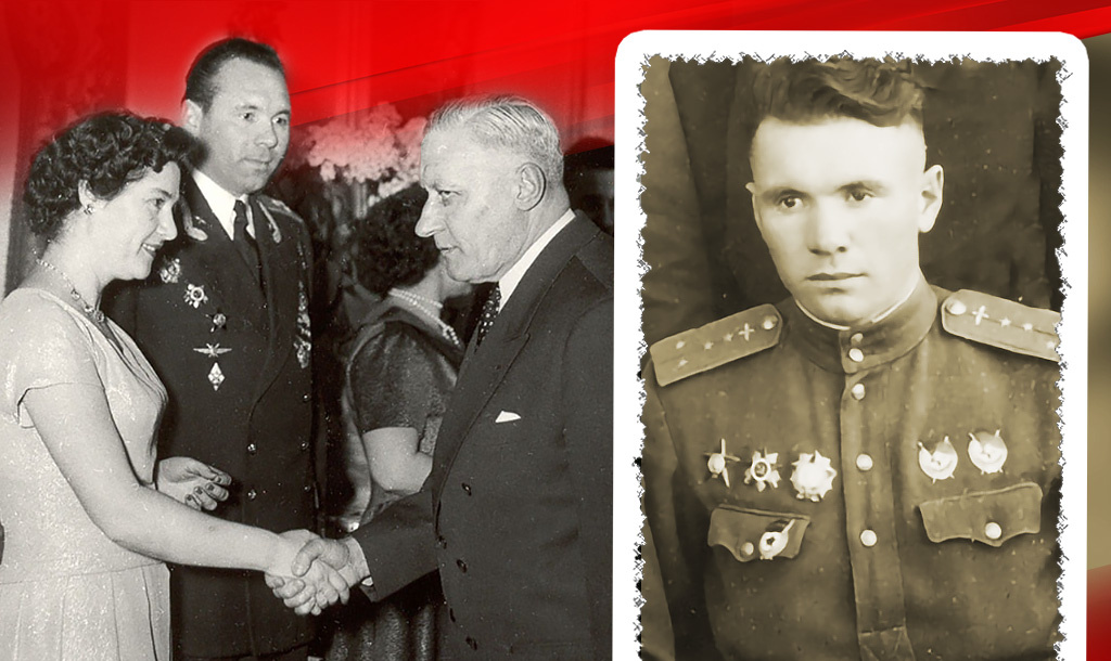 В должности военно-воздушного атташе в Париже Лебедев с супругой встречает гостей. 1958 г. / Лебедев Алексей Иванович, ещё в годы войны