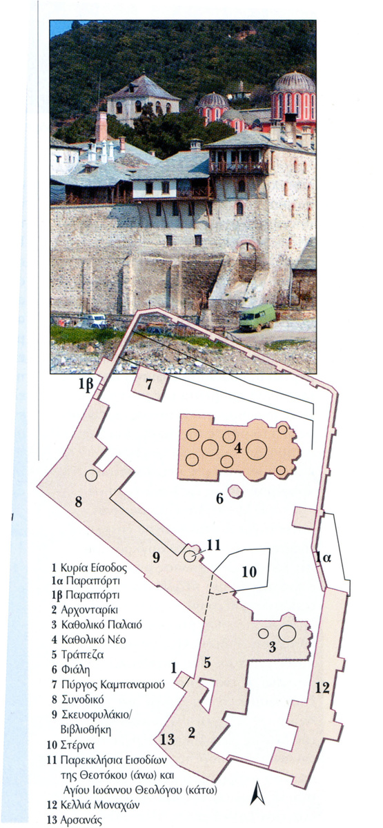 План монастыря. 10-цистерна 11.- двухэтажный храм. Из греческого путеводителя
