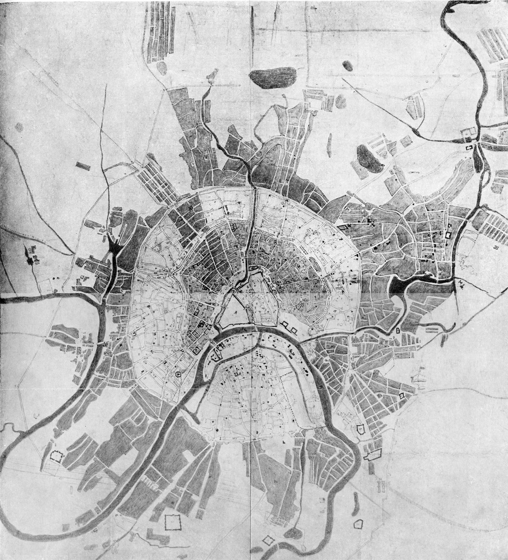 План Москвы прожектированной городу и предместиям. Под рамкой слова: "наподлинном городу и предместиям плане Всевысочайшая Конфирмация подписана Ея Императорского Величества рукою быть посему Екатерина. Конфирмован в Москве июля 7-го ч. 1775 году". Источник: https://retromap.ru/forum/viewtopic.php?p=2709