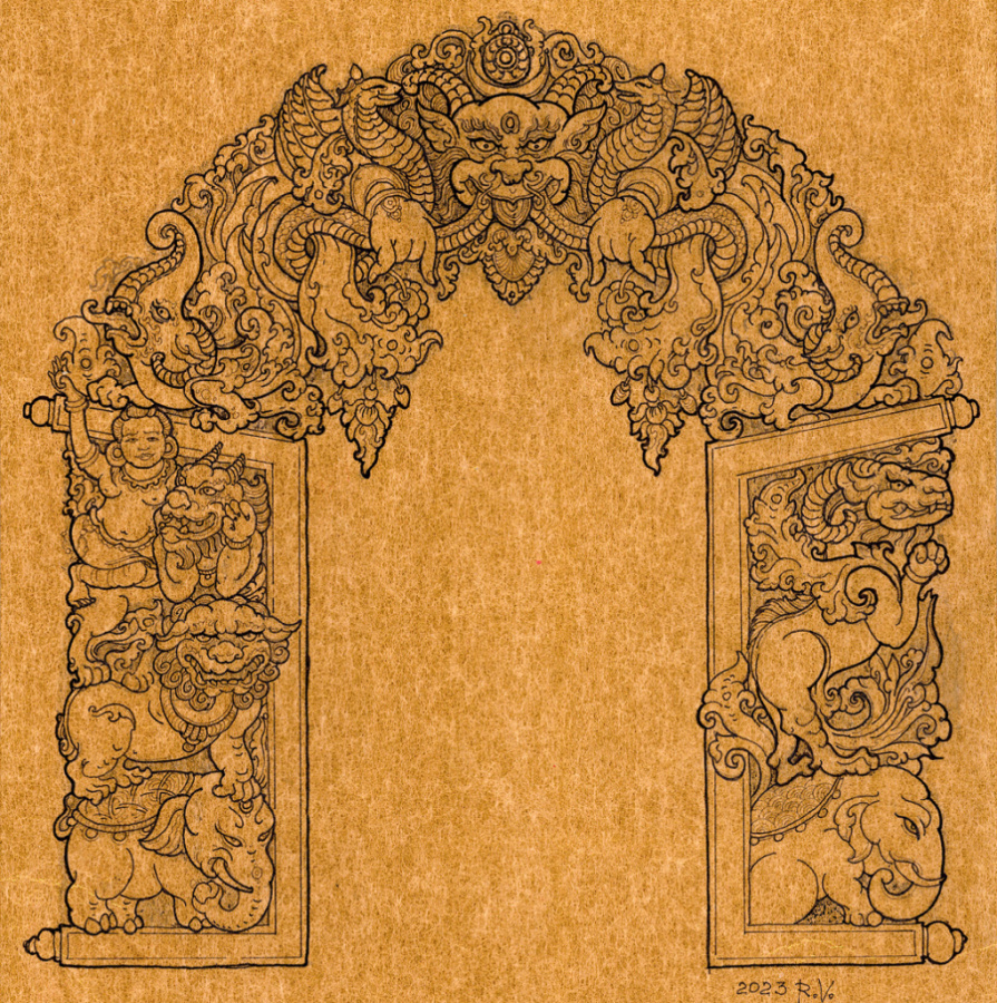 Декор портала храма в архитектуре или живописи: слева - более распространен в буддийских изображениях, справа - в индуистских (худ. Валерия Рудина)