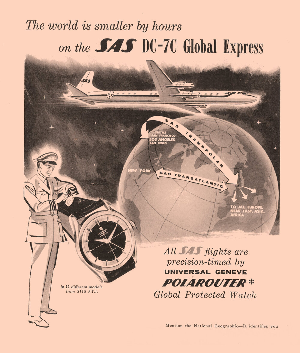 Газетная реклама часов Universal SAS Polarouter.