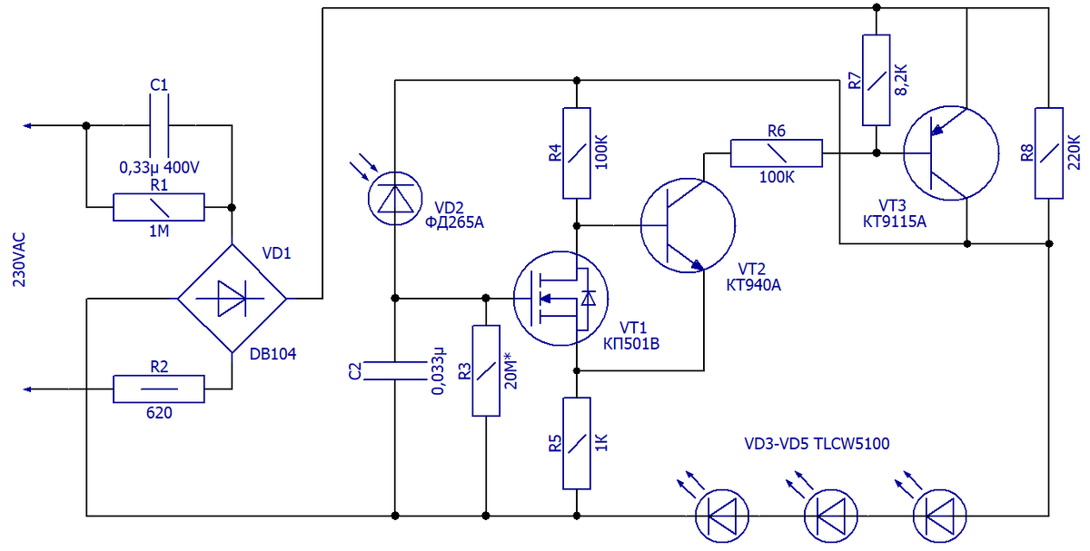 Схема ночника на четырех светодиодах (КИЕ8)