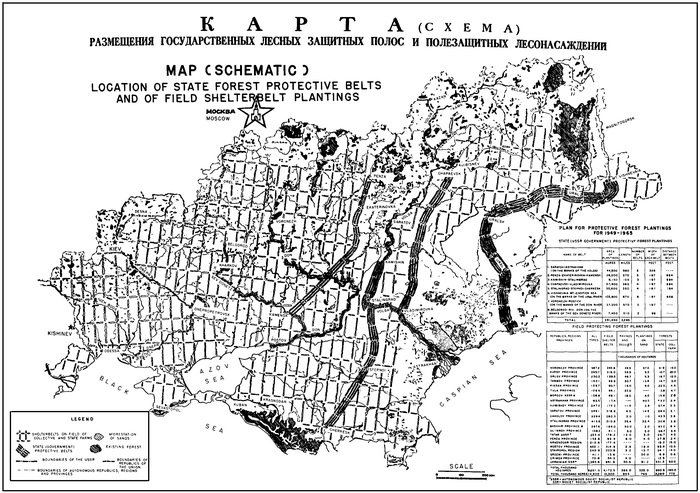 Она была разбита на восемь зон. Каждая из этих восьми зон защитных лесов состояла от 1 до 6 параллельных узких полос деревьев, шириной от 30 до 60 метров и расположенных на расстоянии 300 метров друг от друга.
