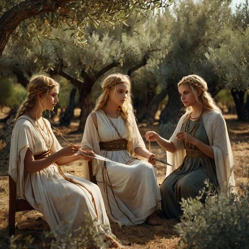 Это максимум, который удалось добиться от нейросети Леонардо по промту "мойры". Она совершенно не в курсе, что такое "веретено", "прясть" и "ножницы".