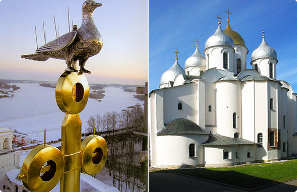 Крест с голубем (копия) на Софийском соборе и сам собор. Фото из Интернет.