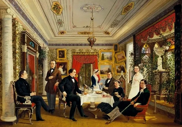 «За чайным столом». Худ. А.Я. Волосков, 1851 год