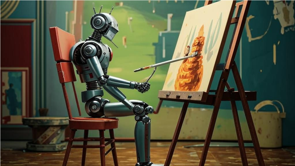 Вот что рисует нейросеть на запрос: "красивый робот сидит на стуле и рисует картину кисточкой на холсте в старом стиле".