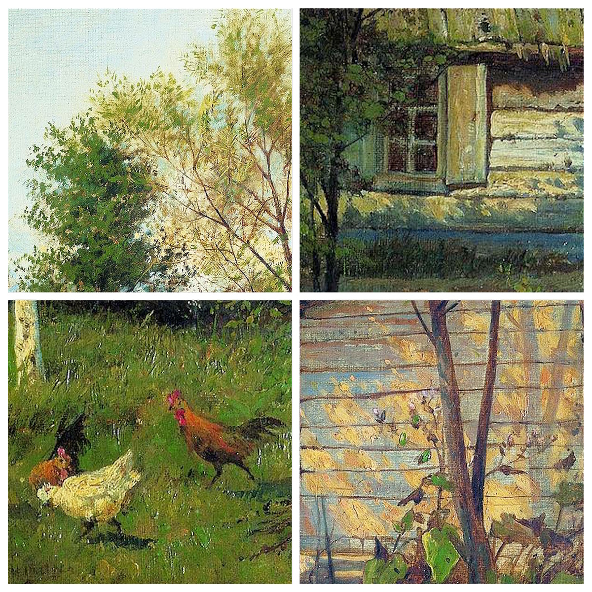 Детали картины: листва на фоне неба, окно, петух и курицы, солнечные блики и тени на стене / Источник: Wikimedia Commons (коллаж из фрагментов фото, Public domain) https://commons.wikimedia.org/wiki/File:Levitan_SolnechnyDen1876_7.jpg