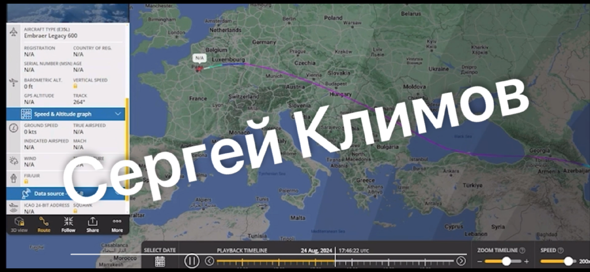 Карта полета частного самолета, на котором летел Павел Дуров, основатель Telegram 