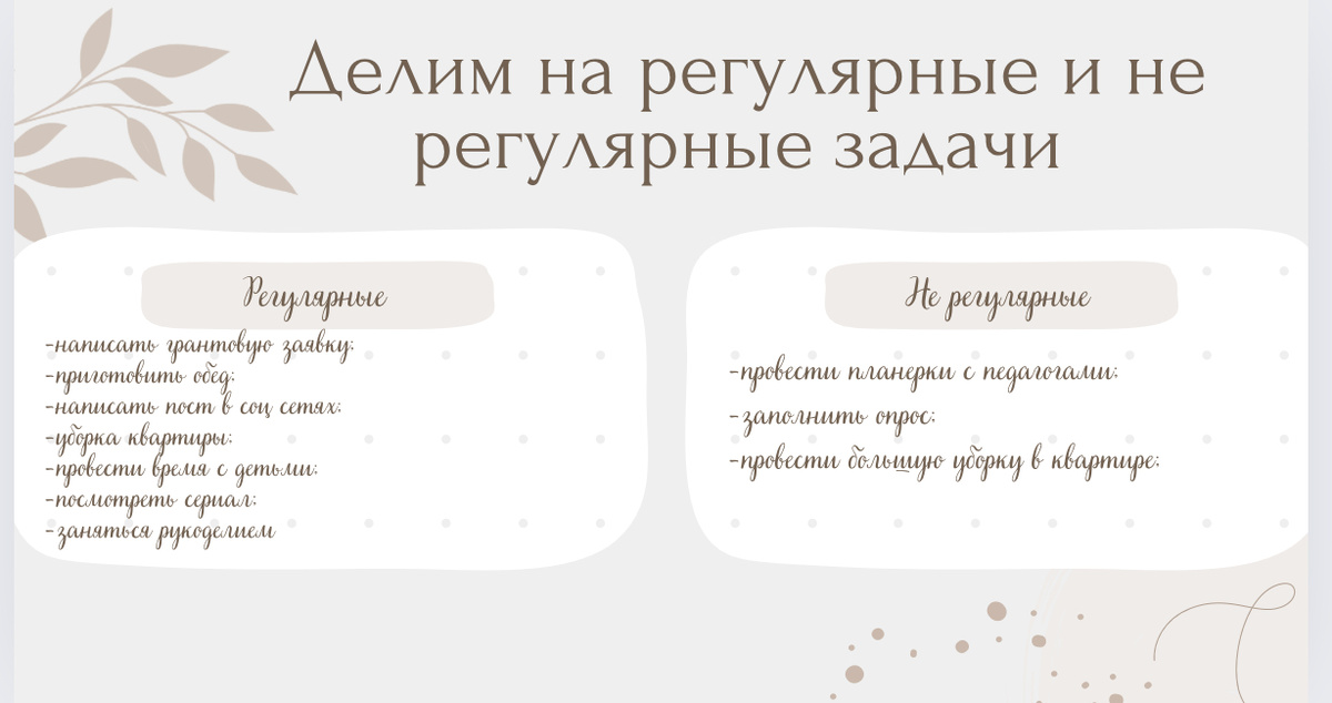 Вы заметите, что чаще всего у вас задачи, которые нужно выполнять ежедневно 