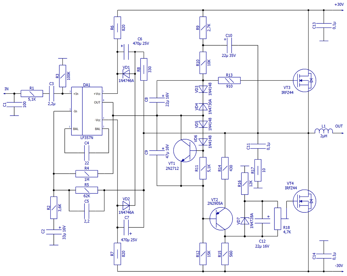Схема электрическая принципиальная усилителя на N-MOSFET IRFZ44
