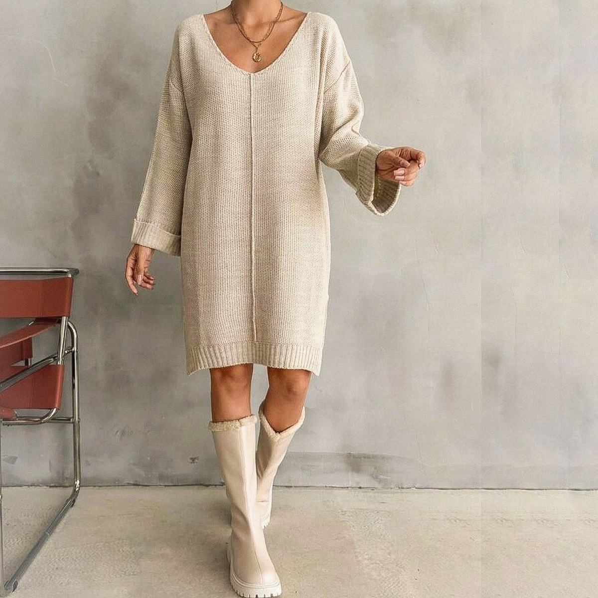 Платье свободного кроя с треугольным вырезом горловины и разрезами по боками