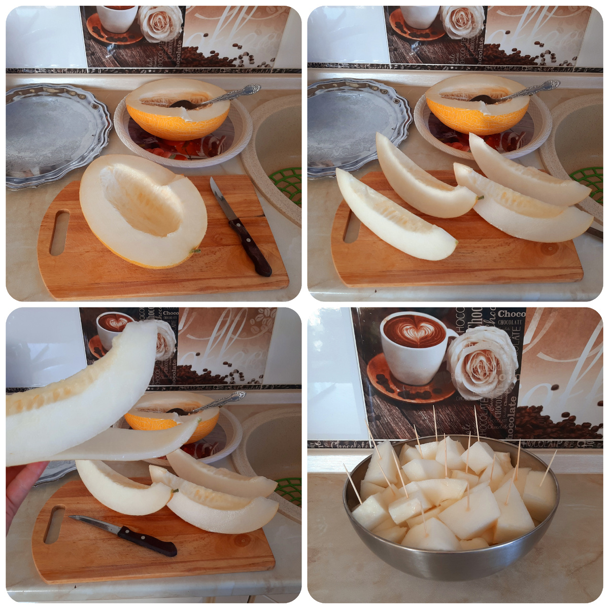Режем дыню на кусочки.