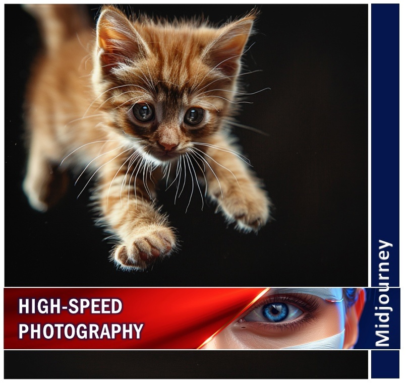 a kitten leaping in the air, black background, close-up, highly detailed, high-speed photography, cinematic —ar 3:2 —style raw —s 400