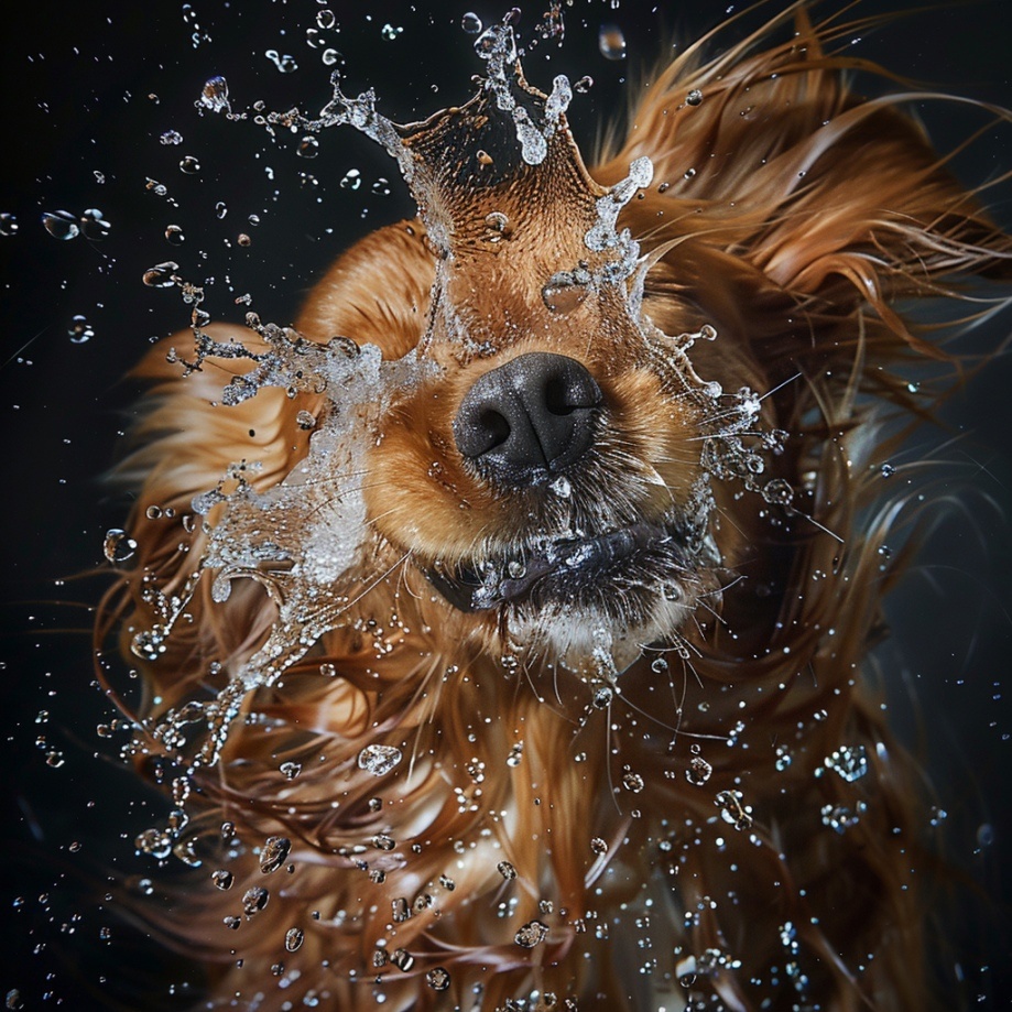 Long-haired dog shaking water from it’s head, looking towards camera, water droplets flying through the air, close-up, highly detailed, high-speed photography, cinematic 