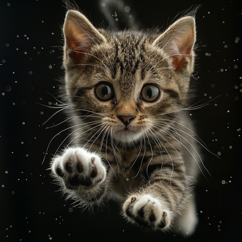 a kitten leaping in the air, close-up, highly detailed, high-speed photography, cinematic ar 3:2 —style raw —s 400
