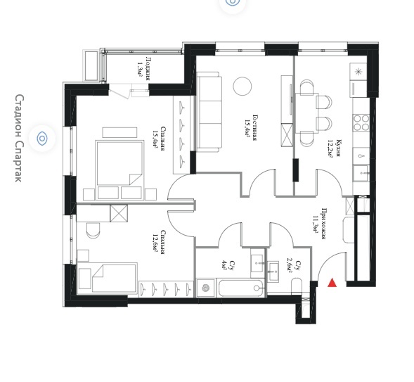 Предложение от застройщика. В данном варианте квартира стремится к квадрату, Но опять два маленьких санузла и из-за пилонов расширение невозможно, не предусмотрено место для шкафа при входе в квартиру. Мест для хранения очень мало