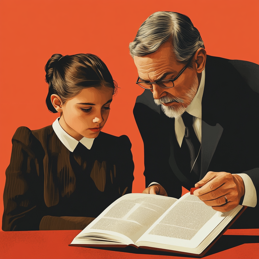 Midjourney: A lawyer and an eighth-grader look at the same text. In the style of a retro advertising poster from the 70s --v 6.1 
