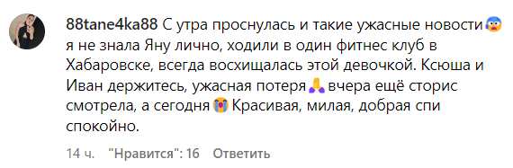 Скриншот комментария к публикации Яны Хайловой в Instagram*