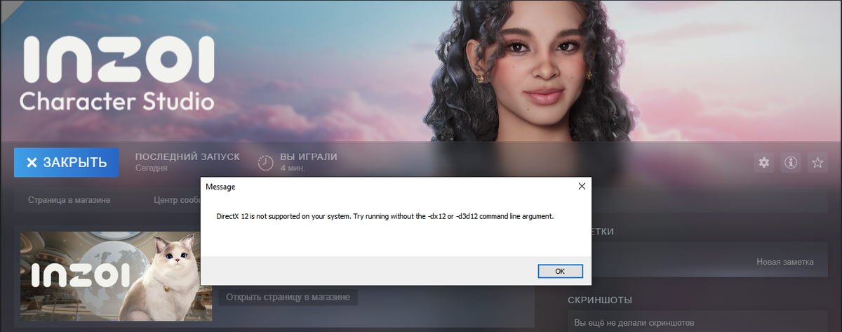 Ошибка DirectX12 при запуске inZOI