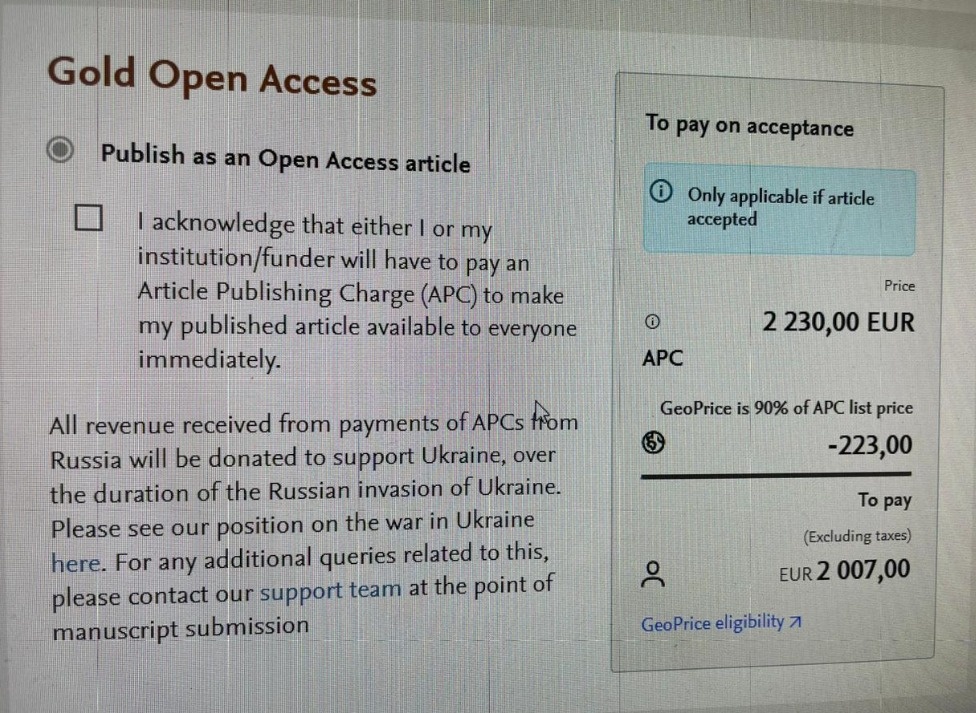 Фото страницы оплаты услуг Elsevier
