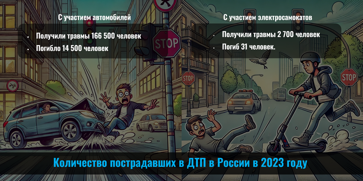 * По данным  https://www.kommersant.ru/doc/6525188 со ссылкой на stat.gibdd.ru 
https://lenta.ru/news/2023/11/01/v-rossii-vtroe-vyroslo-chislo-dtp-s-uchastiem-elektrosamokatov/
