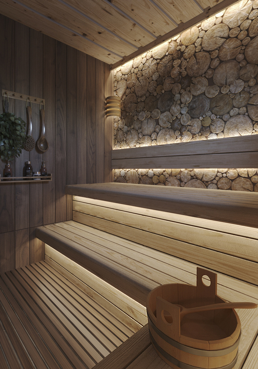 Парная с панно из можжевельника в СПА-комплексе.