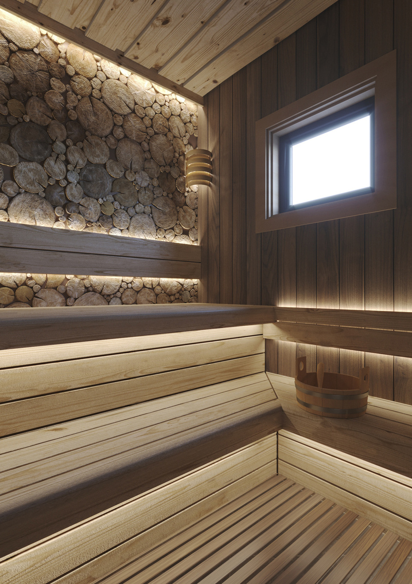 Парная с панно из можжевельника в СПА-комплексе.