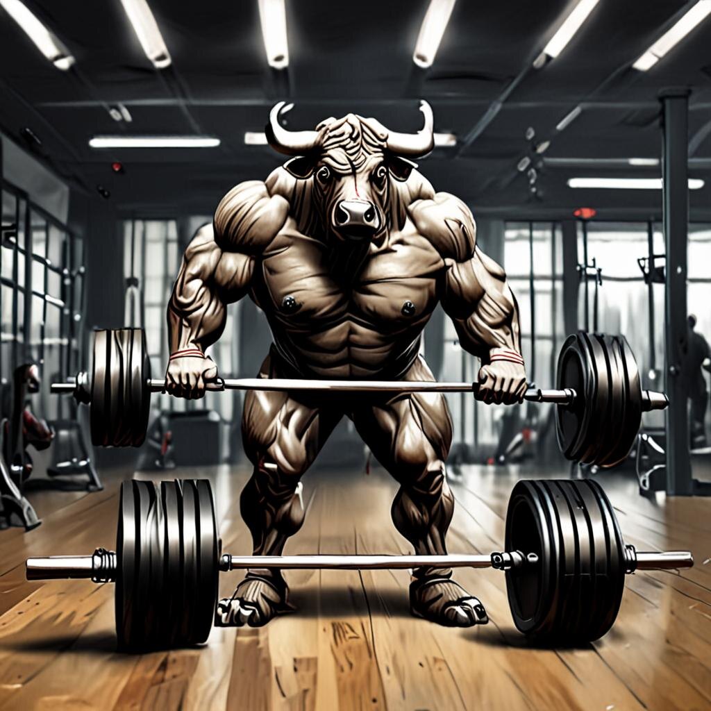 Большой бычара тянет большую тяжелую штангу 