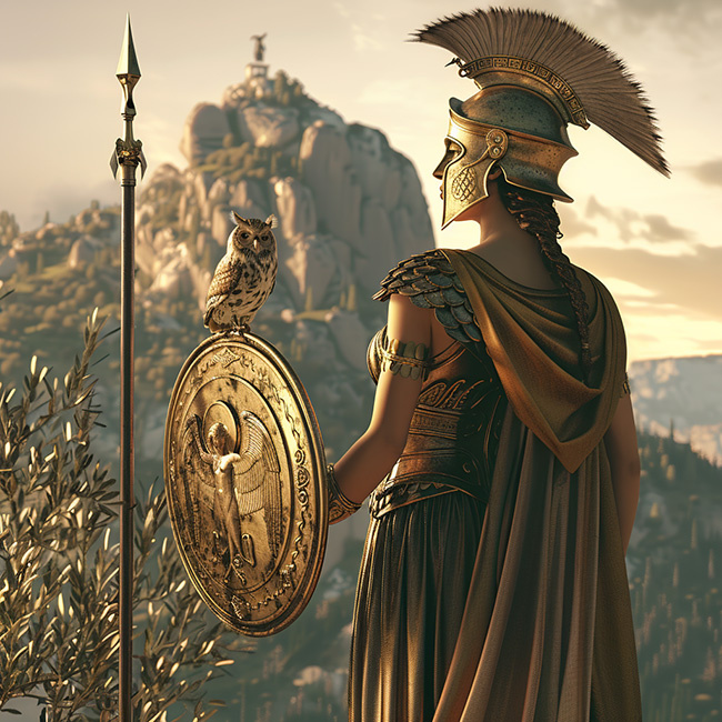 Богиня Афина перед городом, носящим ее имя.