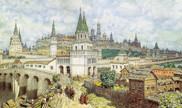 А. М. Васнецов. «Расцвет Кремля. Всехсвятский мост и Кремль в конце XVII века». 1922. Бумага на картоне, акварель, уголь, карандаш. 64 × 109. Музей Москвы