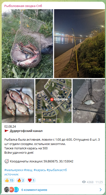 Самые популярные места для ловли леща находятся напротив (улицы) - Набережная Дудергофского канала. 
