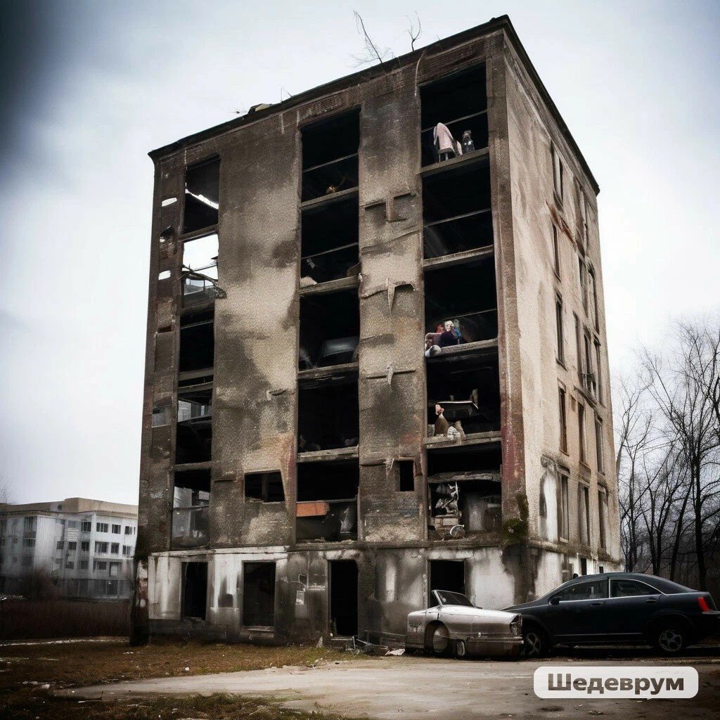 Вот так это выглядит по версии Шедеврума.  Там здание, конечно, было не настолько заброшенное.