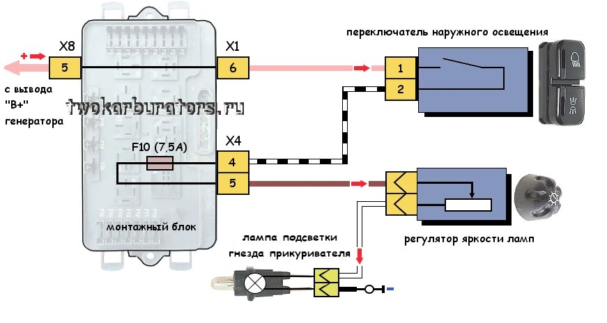 Схема подключения плафонов освещения салона ВАЗ 2105