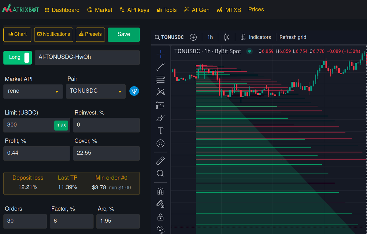Пример интерфейса страницы для настройки торгового бота
