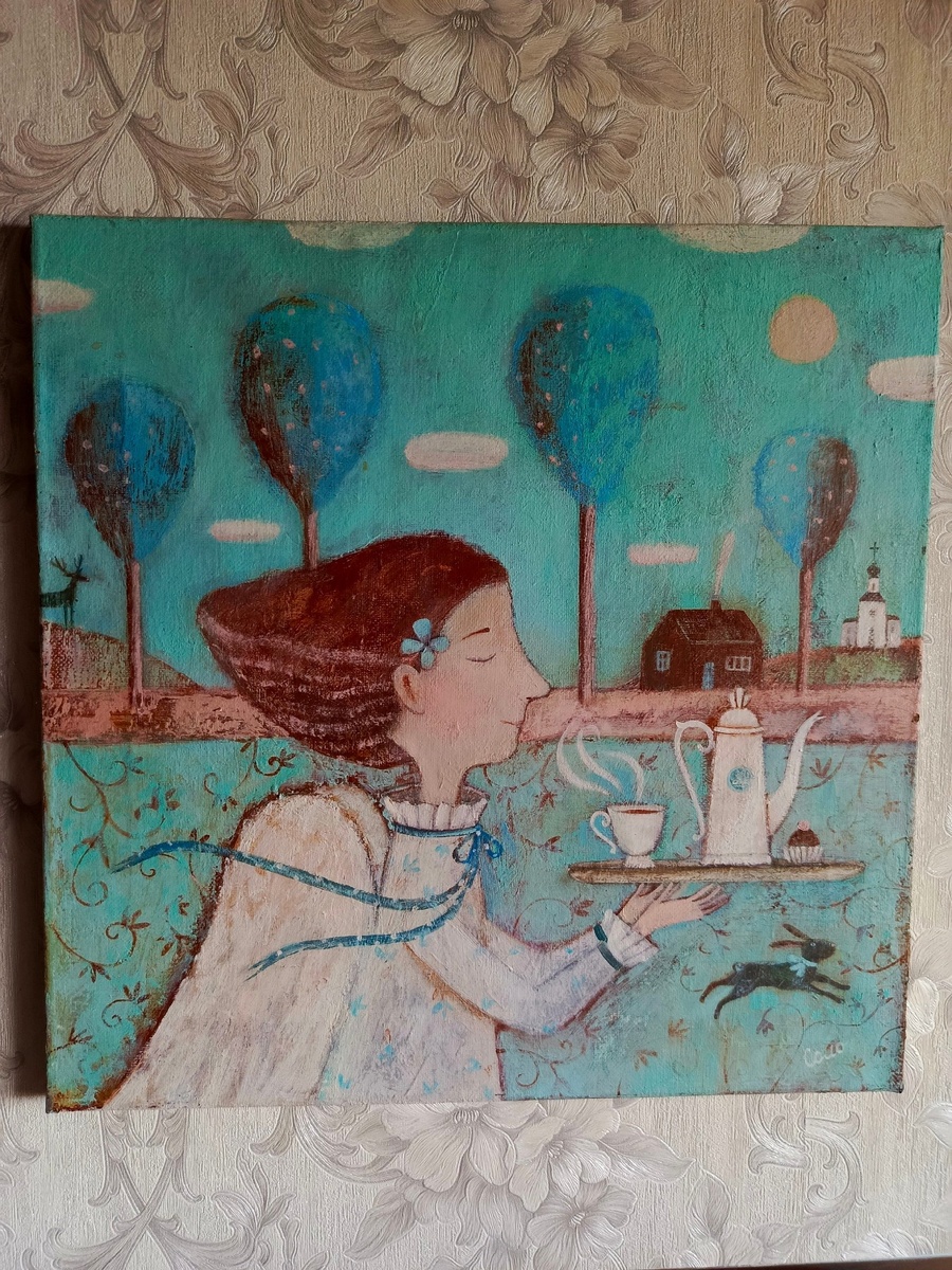 Картина Светланы Соловьевой, художницы из Петербурга, "Весенний кофе"