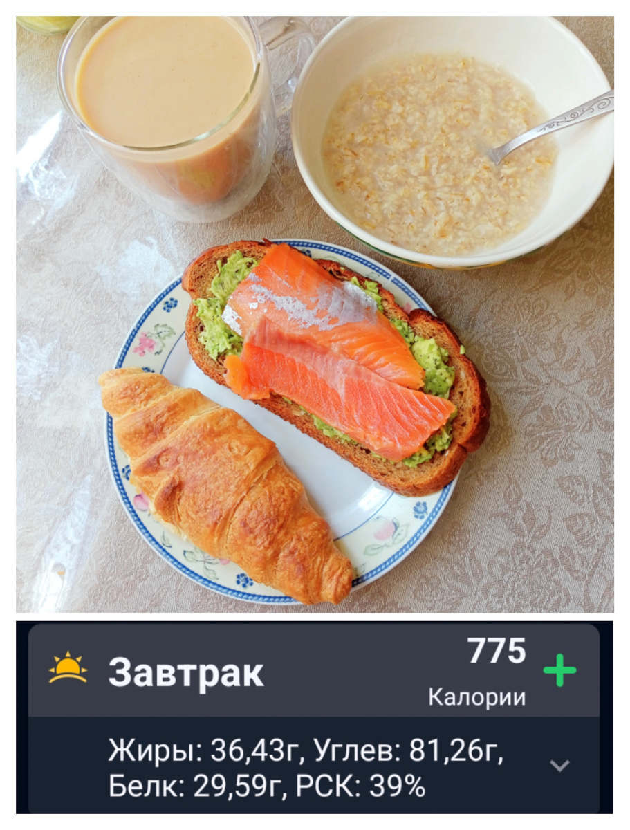 Овсянка на воде, зерновой хлеб с авокадо и форелью, кофе с круассаном.