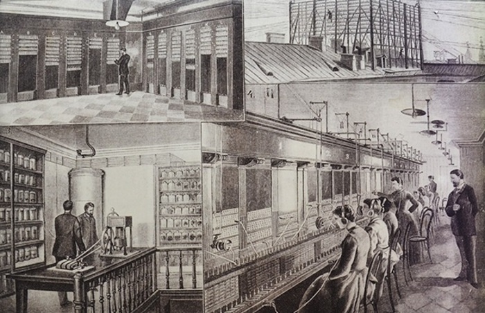 Устройство Первой городской телефонной станции в Санкт-Петербурге, 1881. Источник: http://telhistory.ru