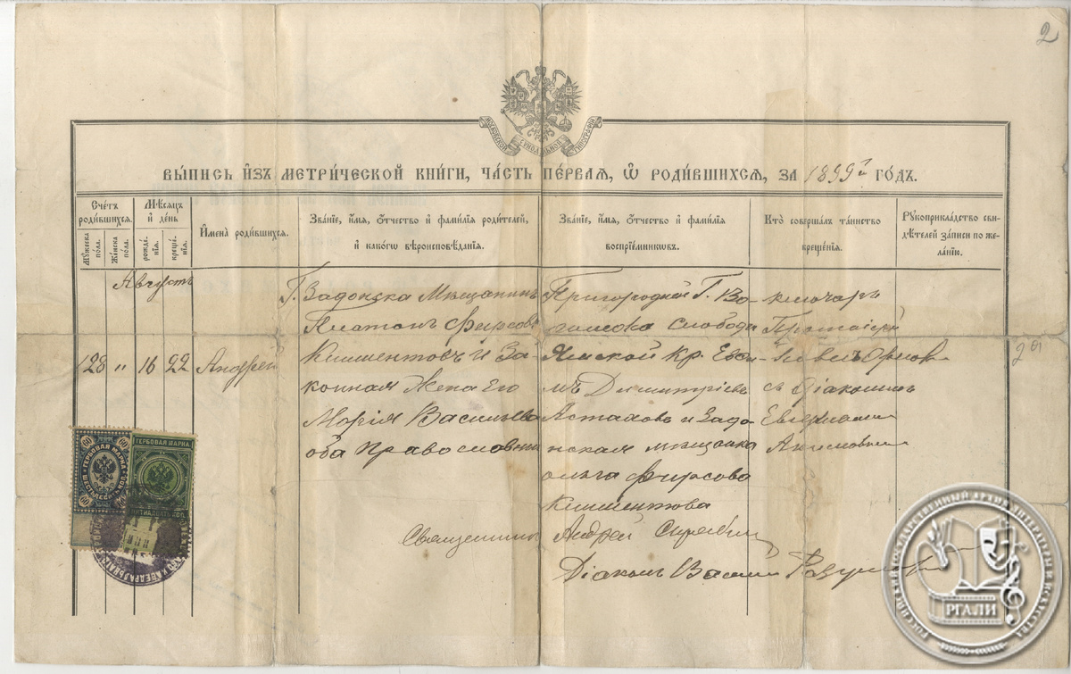 Выпись из метрической книги о рождении А.П. Климентова. 1899 г. РГАЛИ. Ф. 2124. Оп. 1.