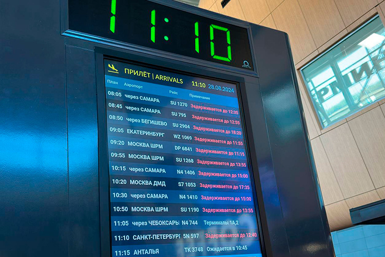    На табло с указанием времени прилета самолетов большинство рейсов было выделено красным с пометкой «задерживается».   
Фото: Илья Зима