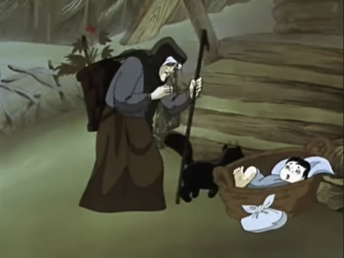 Немножко социальной рекламы: бабка, найдя подкидыша, не осуждает, а жалеет его «горемычную» (с) мать: откуда, мол, она пришла, в какие края подалась. В книге этого не было. Источник: скриншот 