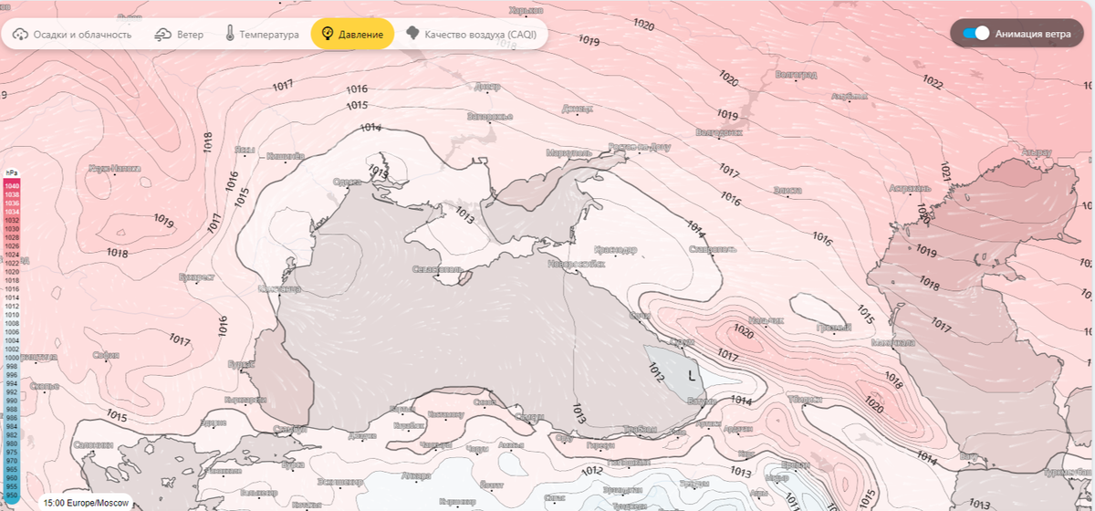 Распределение атмосферного давление на карте Крыма