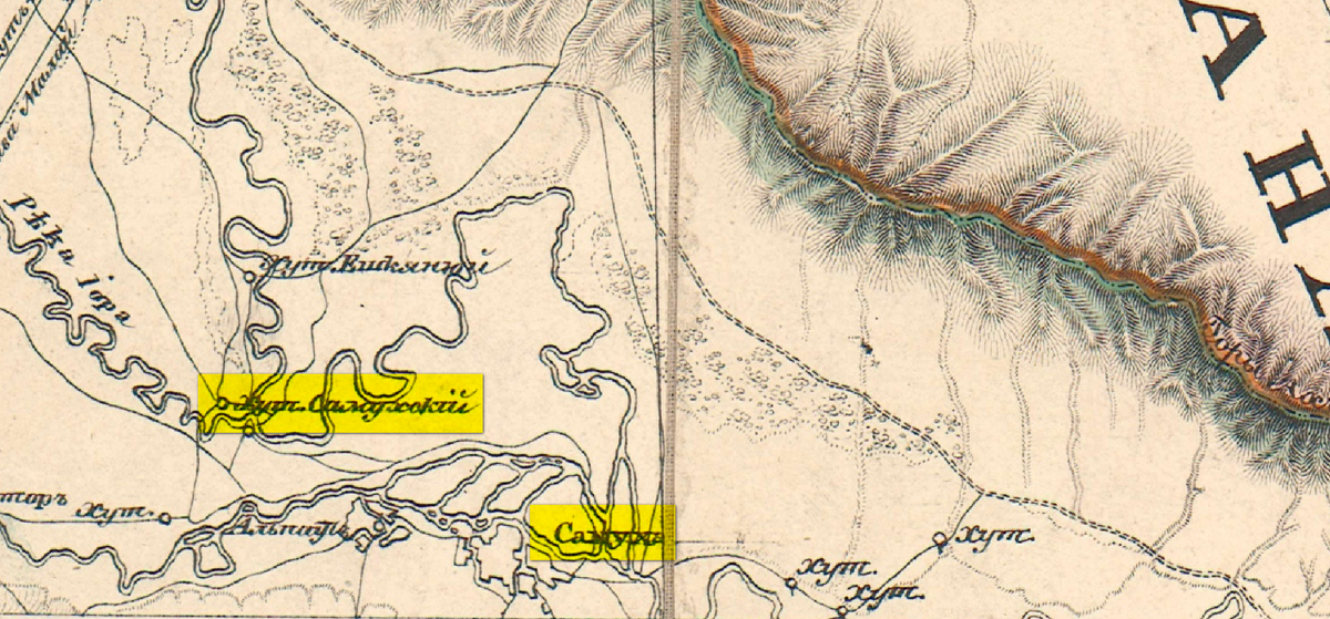 На фото (фрагмент): Сумухский хутор/Самух // Подробная карта Кавказского края 1838 года.