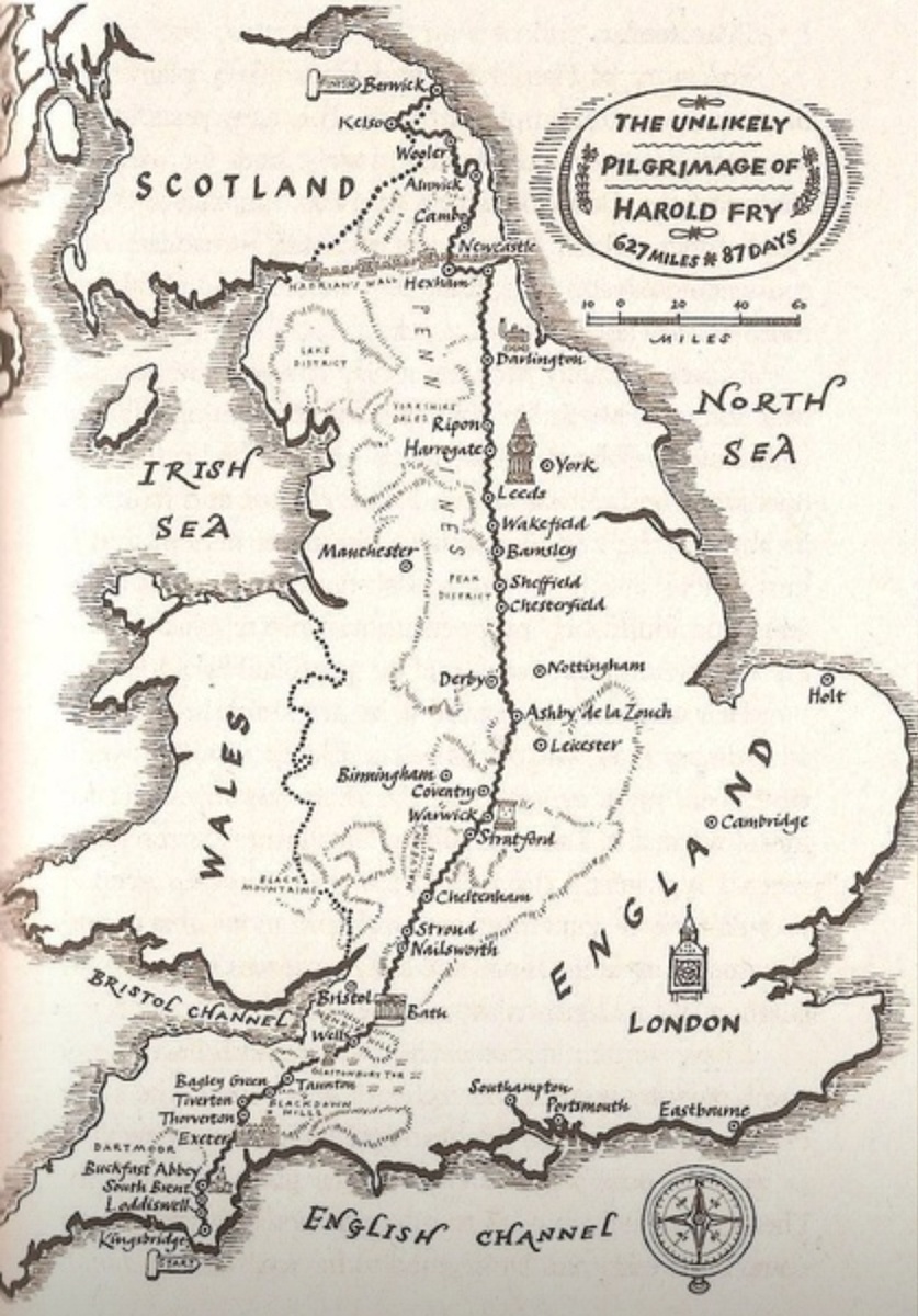 На карте отмечен путь, пройденный Гарольдом Фраем