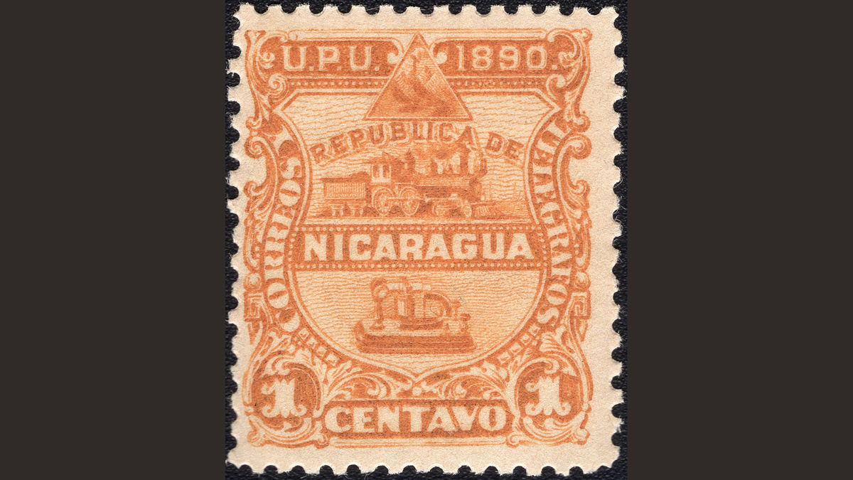 1. Никарагуа, 1890 год, № 20. Локомотив и телеграф на щите.