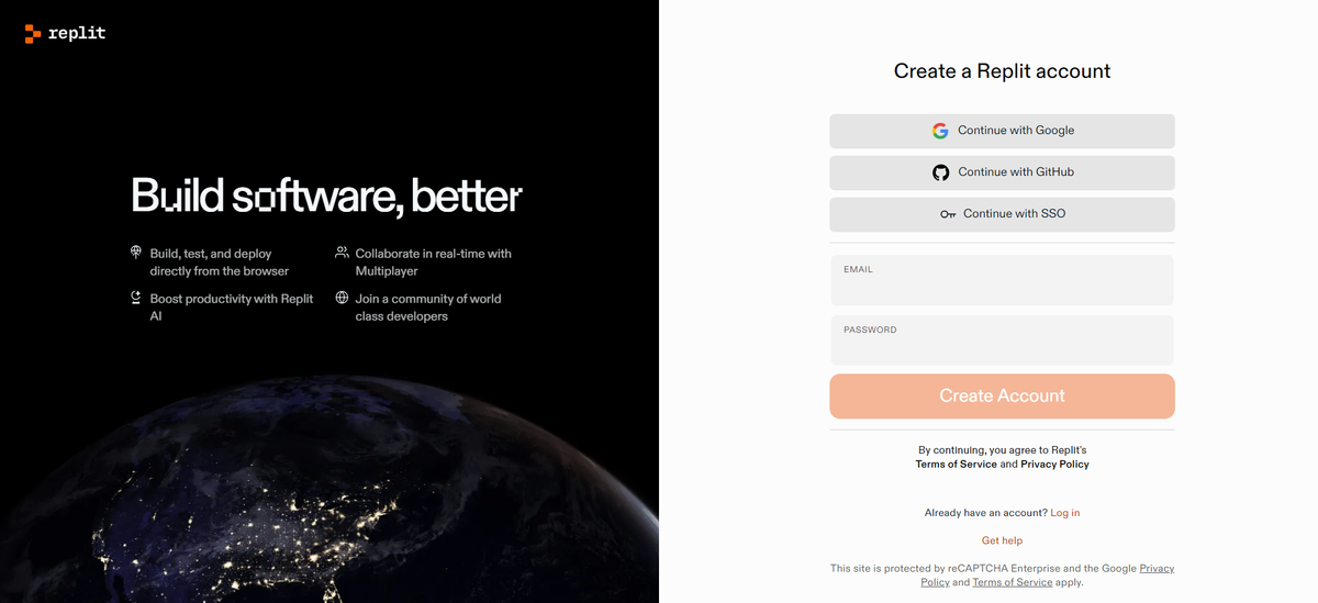 Окно регистрации Replit