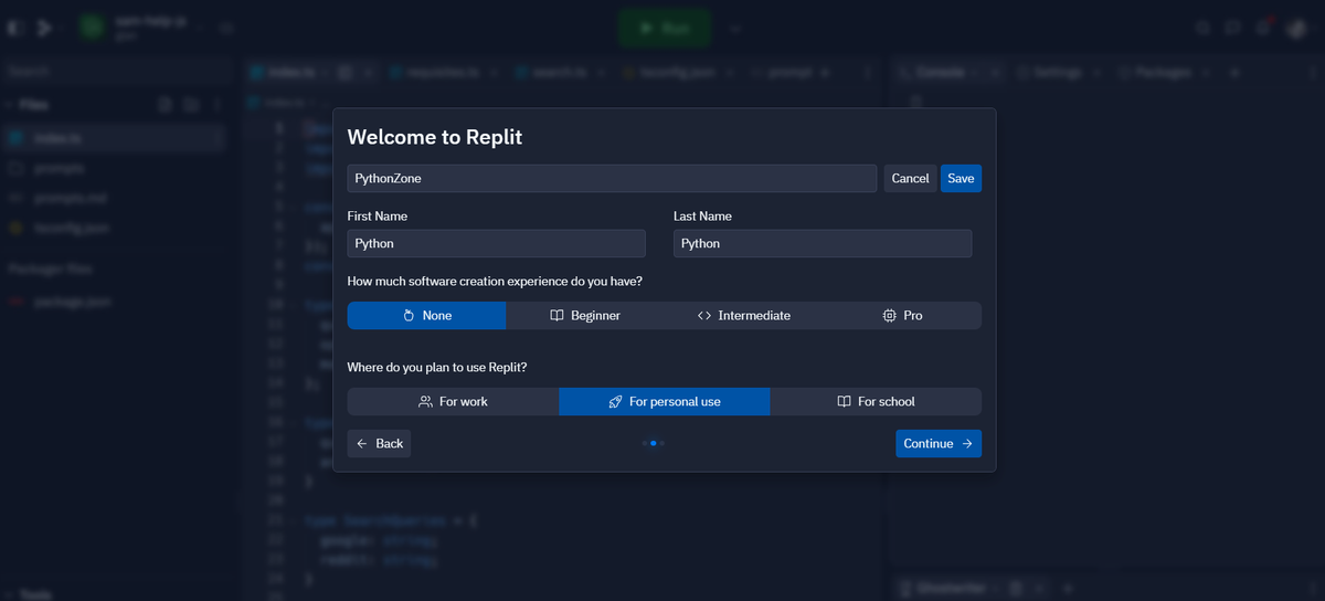 Окно регистрации Replit
